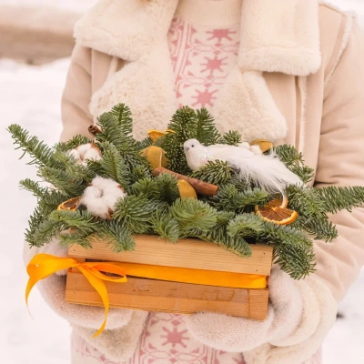 Композиция новогодняя в ящике В ожидании чуда с птичкой и еловыми ветками N 72238