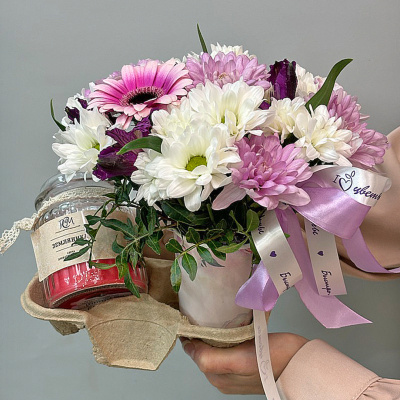 Сет "Земляника". Набор стаканчик с цветами и аромасвечой в банке 70404