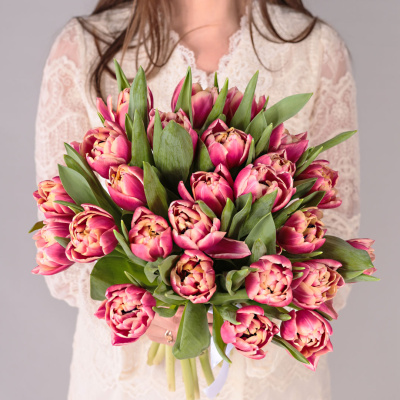 Букет из 25 пионовидных тюльпанов Коламбус под ленту 46176